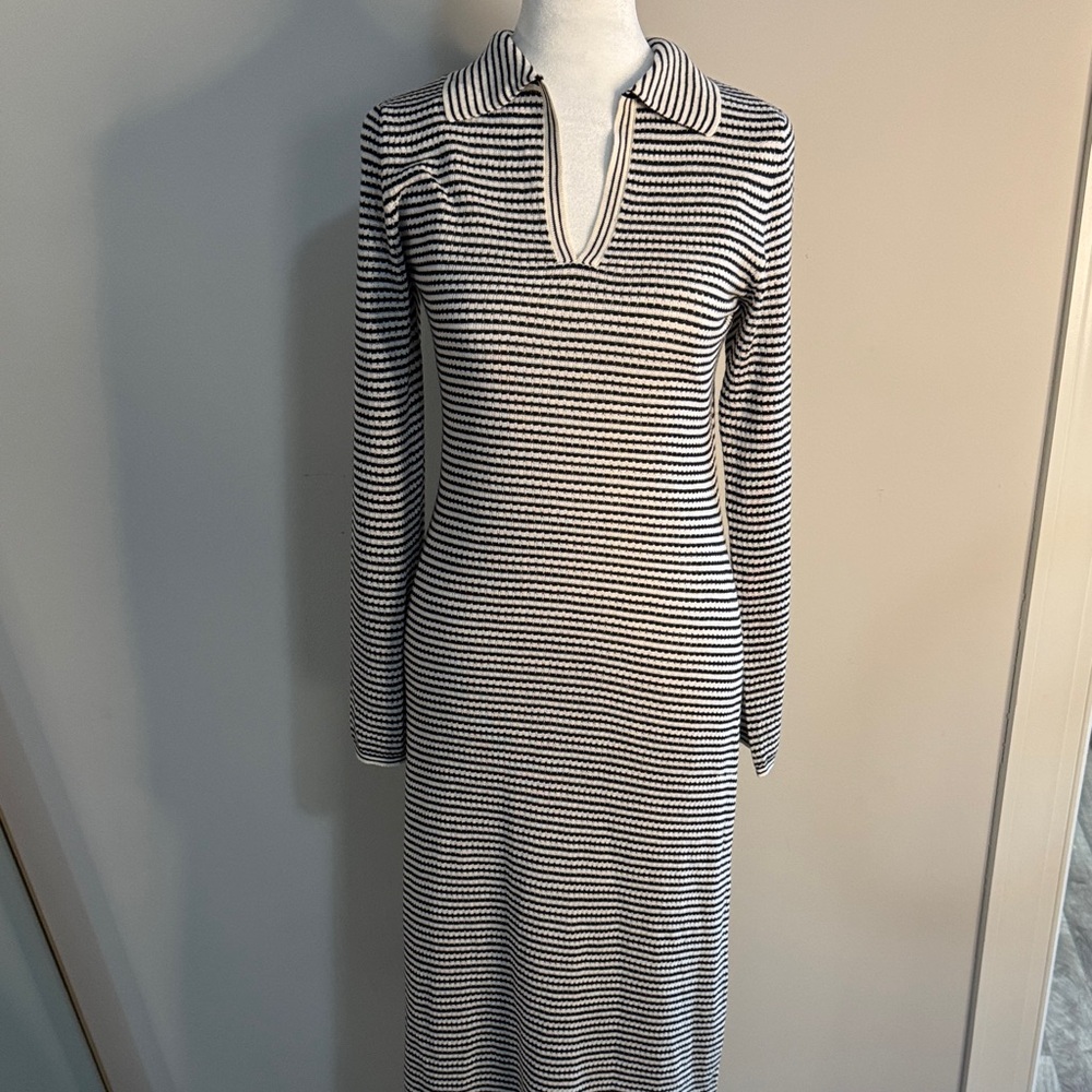 a new day Black & White Striped Collared Knit Long Sleeve Midi Dress